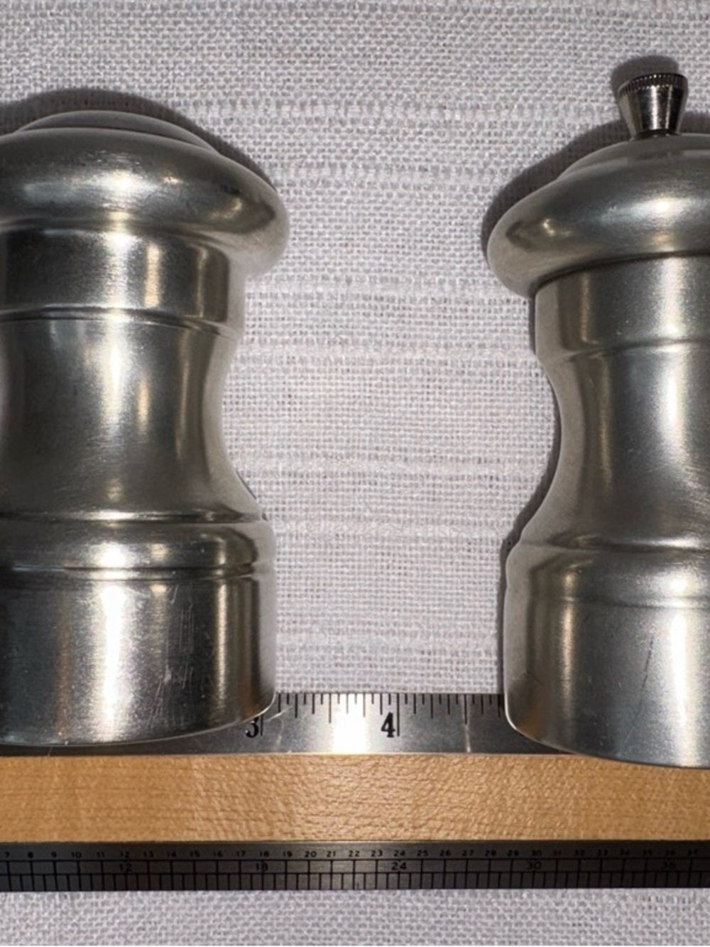 Vintage Italian Brushed Stainless Steel Salt Shaker Pepper Mill Set 4 Inch EUC